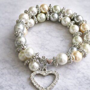 Elegant Pearl Charm Bracelet with Rhinestone Heart Pendant